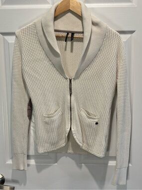 Guess Ivory Waffle Knit Full Zip Shawl Collar Cardigan, Size M